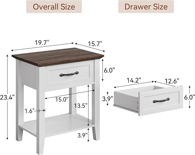 IDEALHOUSE Nightstands Set of 2, End Table with Drawer, Side Table for Spaces, 2 Tiers Storage Shelves with Dresser, Bedside Table for Living Room, Bedroom, Dorm (2pcs-White)