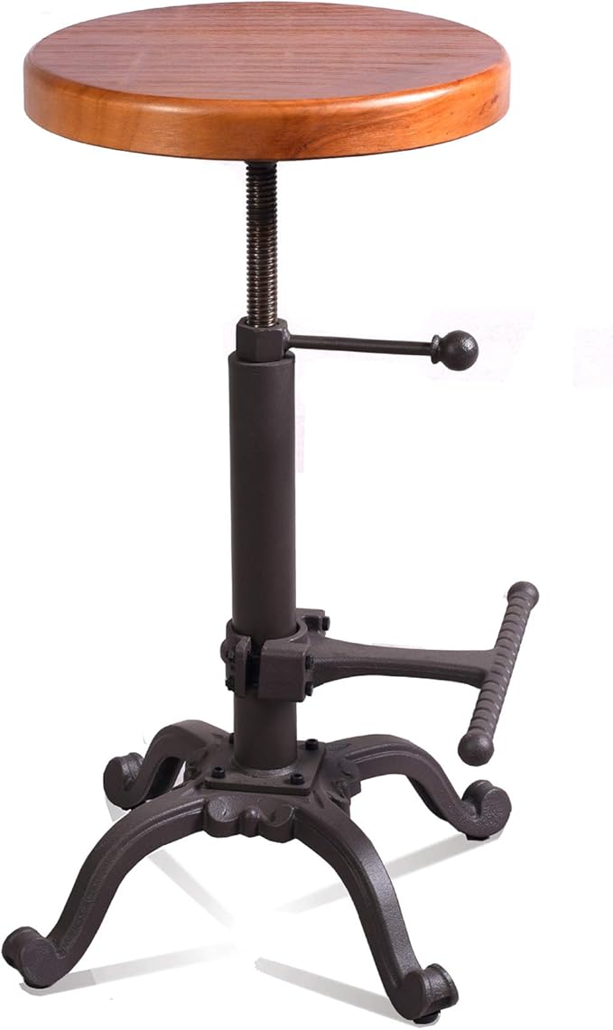 Topower Industrial Retro Vintage Farm Wooden Tractor Stool Kitchen Swivel Height Adjustable bar Stool (Dark Brown)