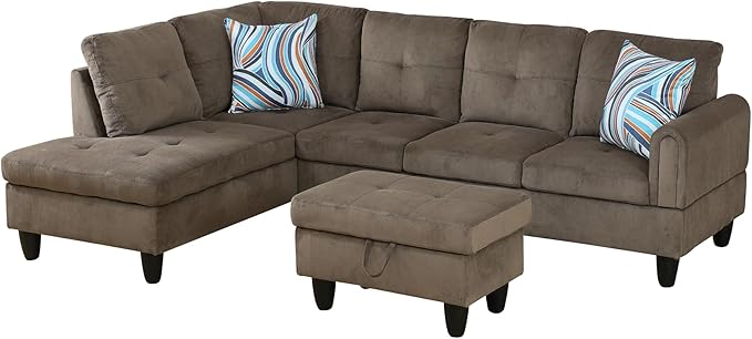 L Shaped Couch Modern Sectional Couch Upholstered Velvet Fabric 3 Pieces Sofas for Living Room with Chaise, Storage Ottoman for Office and Small Apartment, Brown Pineapple