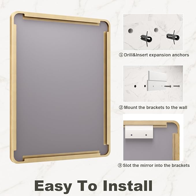 22x30 Inch Gold Framed Bathroom Mirror, Brushed Gold Metal Vanity Mirror, Rectangle Gold Mirror for Wall, Rounded Corner, Tempered Glass, Anti-Rust, Shatterproof (Horizontal/Vertical)