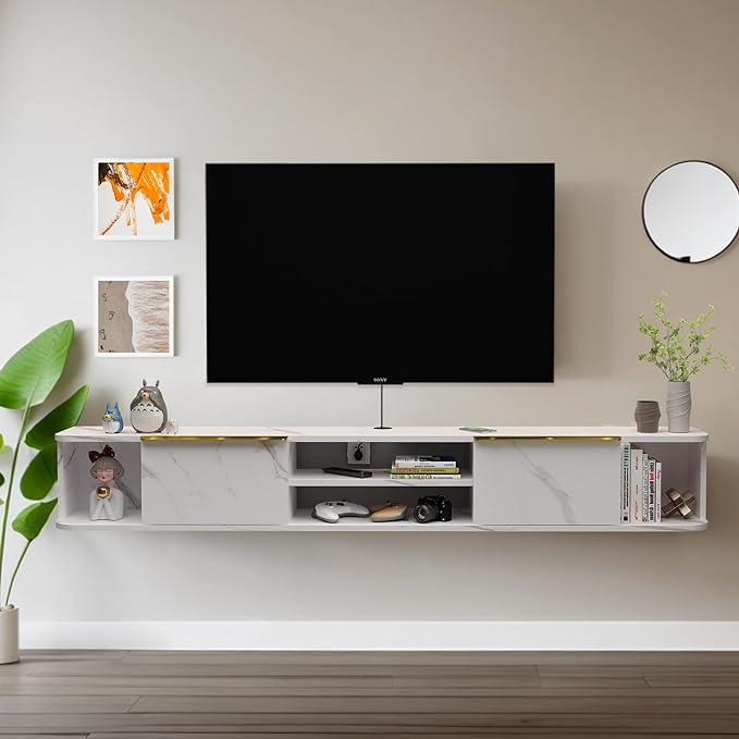 Pmnianhua Floating TV Stand with 2 Drawers,70'' Wall Mounted TV Shelf,Floating Shelf Under TV,Floating TV Console with Cabinets for Bedroom Living Room(White)