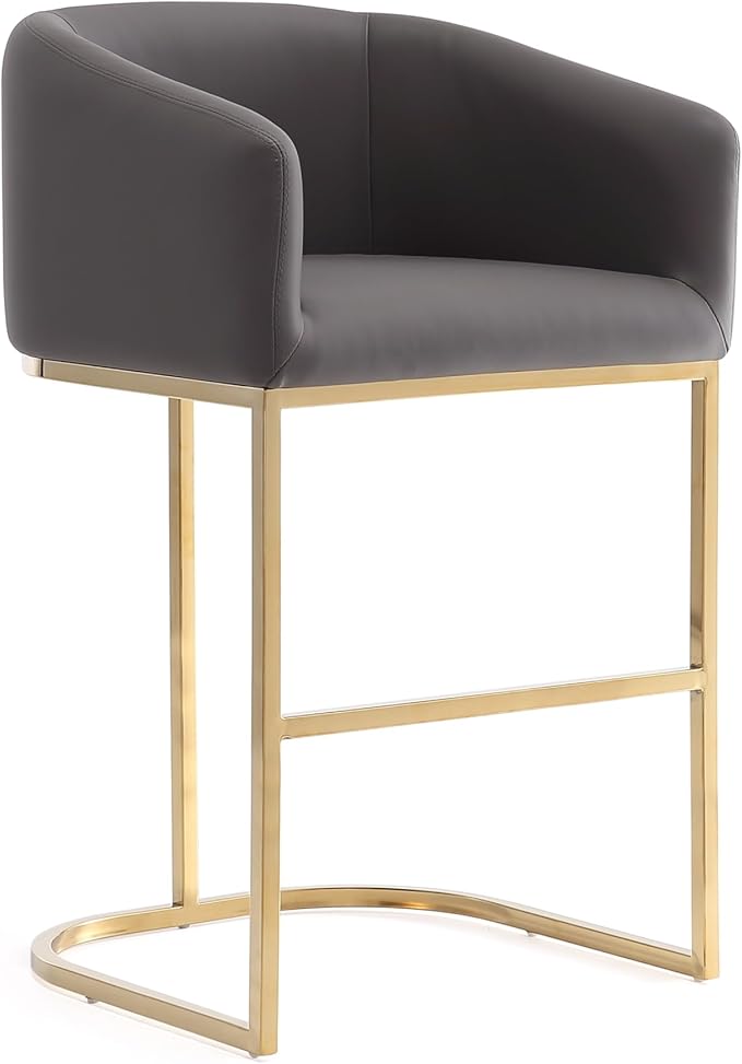 Manhattan Comfort Louvre 26 Inch Mid Century Modern Counter Height Bar Stools - Elegant Faux Leather Padded Seat, Stainless Steel Base with Footrest, Fully Assembled Barstools, Set of 1, Grey