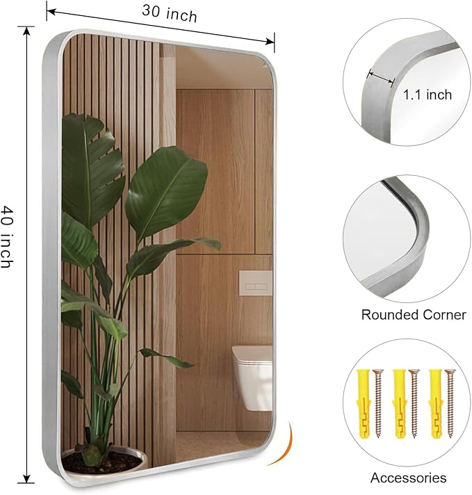 Bathroom Mirror 30x40 inch, Silver Gorgeous Deep Frame Wall Mirror, Modern Round Corner Bathroom Vanity Mirror for Bedroom, Living Room, Hanging or Leaning Horizontal or Vertical, Silver
