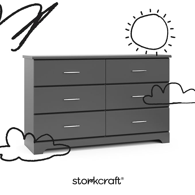 Storkcraft Brookside 6-Drawer Dresser (Gray) – GREENGUARD Gold Certified, Nursery & Kids Storage, Nursery Essentials, Kids Room Storage, Durable Bedroom Dresser
