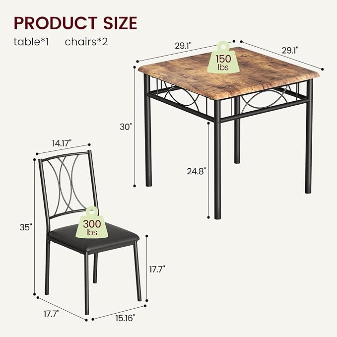 CABIHOME Dining Table Set for 2, 3 Piece Kitchen Table Set with 2 Upholstered Chairs, Square Kitchen Table Set for Small Space, Apartment, Dining Room, Retro Brown