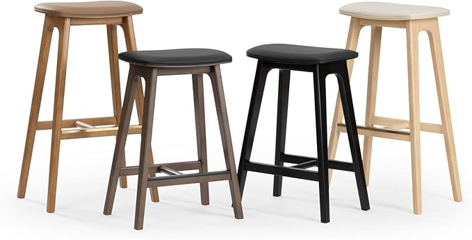 Plank+Beam Beryl Bar Height Stool - Mid-Century Modern Rubberwood Bar Stool with Faux Leather Seat, Metal Footrest, Easy Assembly, 2-Pack, Blonde/Sesame