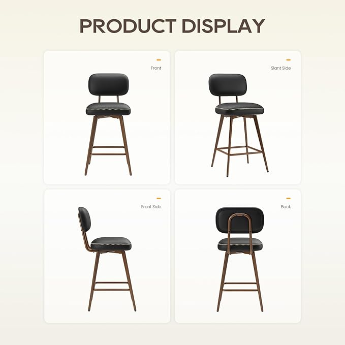 Swivel Bar Stools Set of 6, Mid Century PU Leather Counter Height Bar Chairs with Low Back and Metal Legs, Modern Bar Stool Chair for Kitchen Island, Black