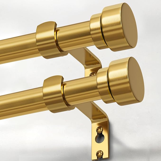 2 Pack Modern Gold Curtain Rods for Windows 28 to 48 Inches Adjustable Length Heavy Duty 1" Diameter Brass Window Curtain Rod with Solid Metal Finials for Outdoor Farmhouse Bedroom Kitchen Living Room
