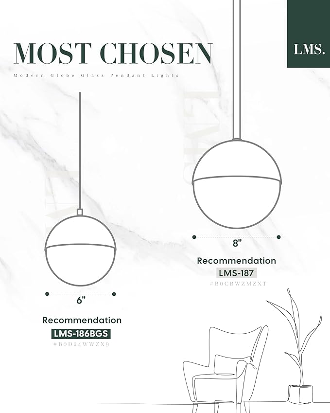 LMS Brushed Nickel Pendant Lights Kitchen Island, 8" Modern Globe Pendant Light Fixtures with Milk White Glass, Adjustable Hanging Lighting for Kitchen Island Sink Bedroom Bathroom, LMS-203