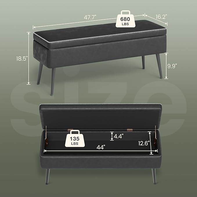 GarveeHome Storage Ottoman Bench, Mid-Century Modern Entryway Bedroom Bench, Synthetic Leather with Stitching, Safety Hinges, Loads 680 Lb, Black