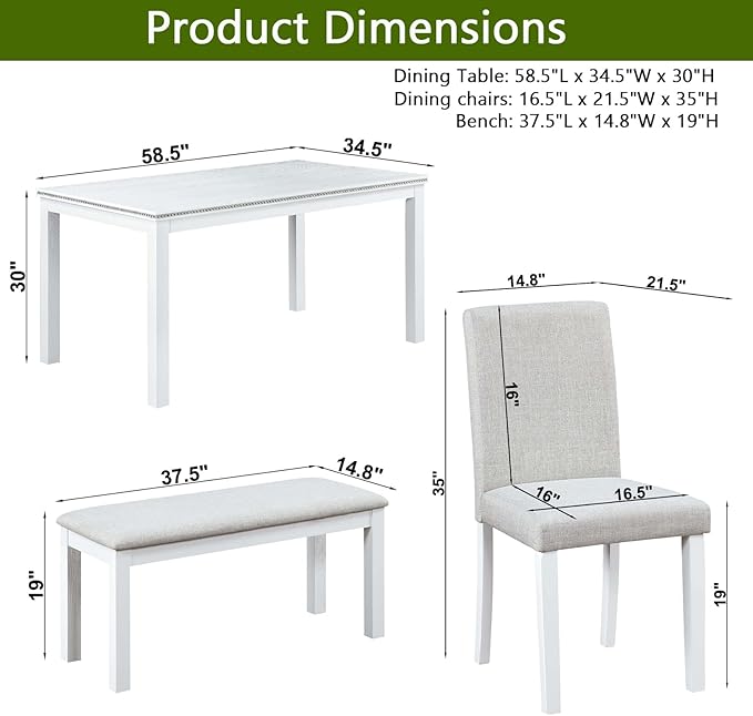 KEIKI 6-Piece Standard Height Dining Table Set with Rectangular Table, 4 Upholstered Chair, Bench, for 6 Person, Modern Crystal Decoration Table Set, Easy Assembly, for Kitchen, Dining Room, White