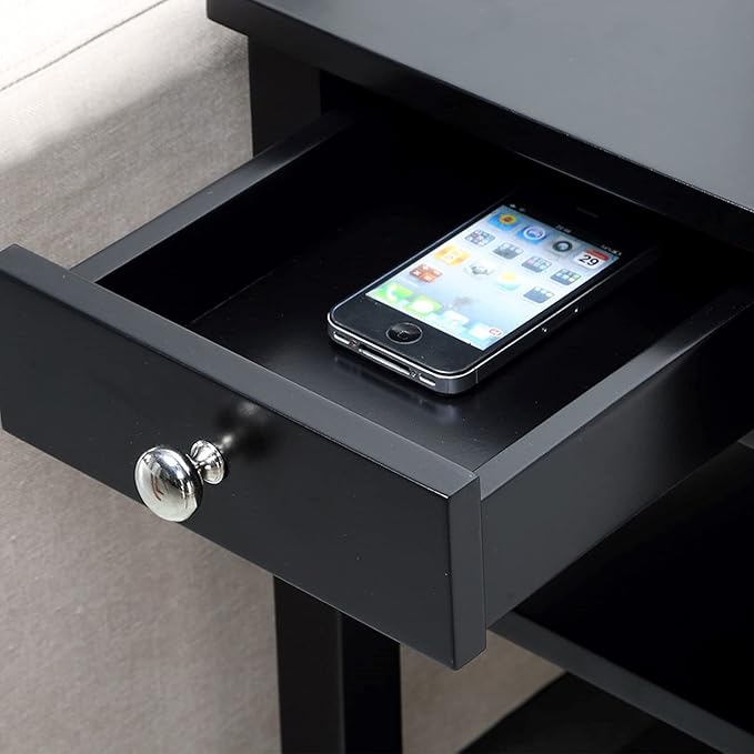 Convenience Concepts American Heritage Chairside End Table with Drawer 23.5" - Classic Living Room Table with Storage Shelf, Bedroom Nightstand, Black
