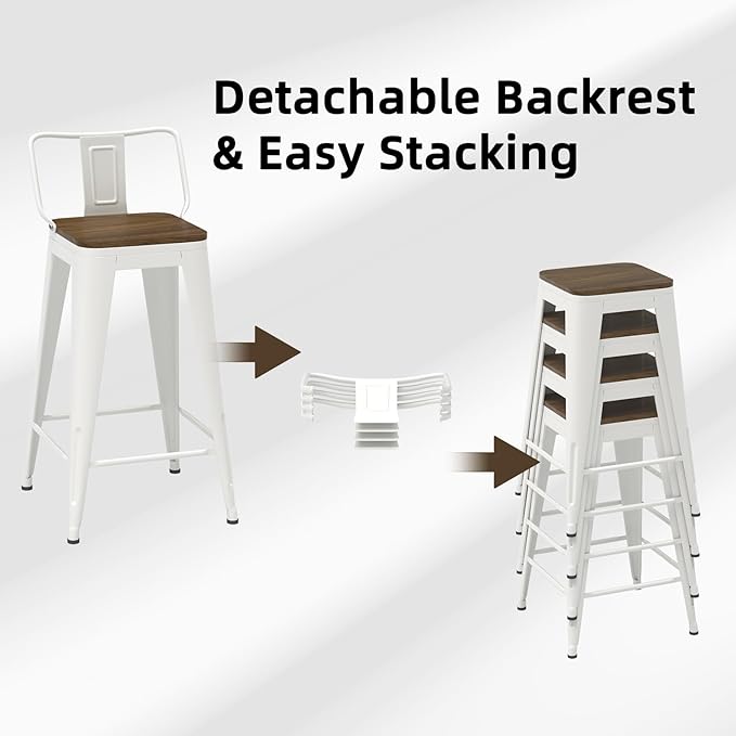 26 Inch Swivel Bar Stools Set of 4, Counter Height Bar Stools with Low Back, Metal Industrial Bar Chairs for Kitchen Island (White)
