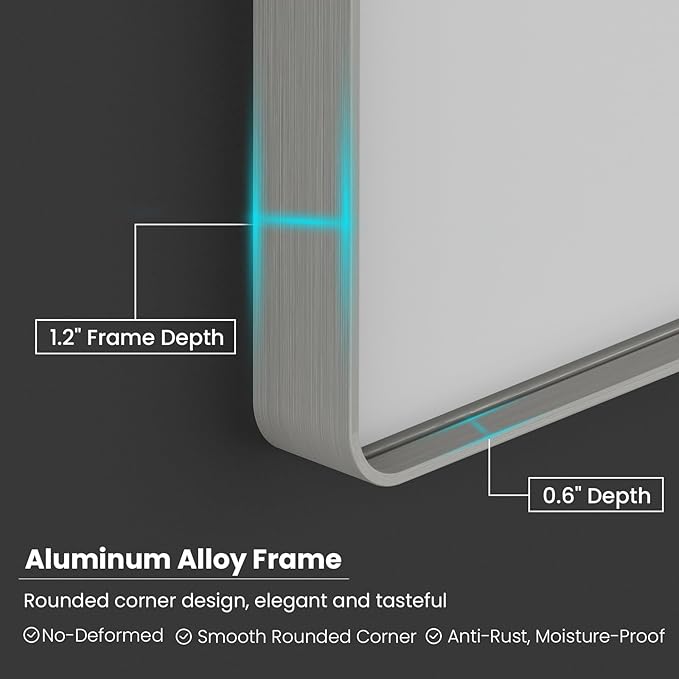 Brushed Nickel Bathroom Mirror 72x32 Inch, Brushed Silver Metal Frame Mirror Wall Mounted, Rounded Rectangle Bathroom Vanity Mirror, Tempered Glass, Anti-Rust, Horizontal/Vertical