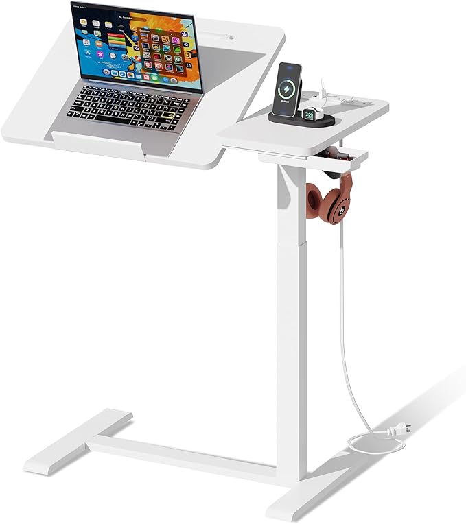 Standing Desk, Medical Overbed Table with Rolling Tray and Power Outlet, Dual Pneumatic Angle and Height Adjustable Desk, Portable Side Table with Drawer, Home & Hospital Use, White