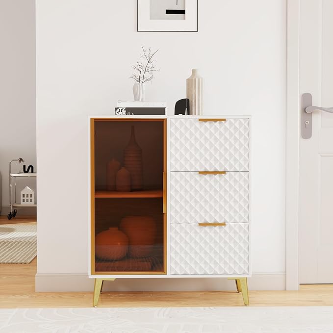Rovibek Modern Sideboard Cabinet with Storage, Small Kitchen Buffet Cabinet with Glass Door & 3 Drawers, 31" Accent Sideboard Buffet for Kitchen, Living Room, White