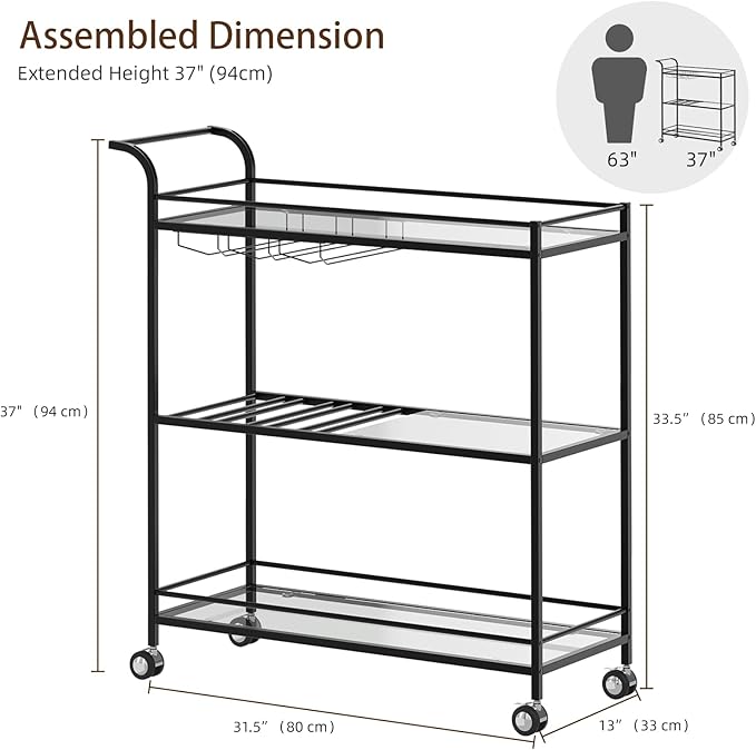 Black Bar Cart, Home Bar Serving Cart with Handle, Wine Cart with 3-Tier Glass Shelves, Beverage Cart with Wine Rack and Glass Holder, Bar Carts for The Home, Dining Room, Living Room