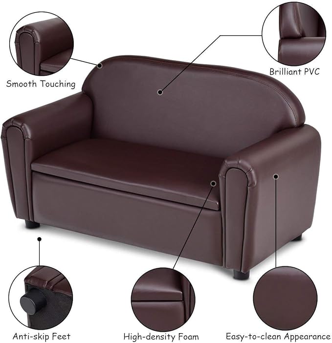Costzon Kids Couch, 2 in 1 Double Seat Children's Sofa w/Under Seat Storage, PU Leather Surface, Toddler Armrest Chair, Kids Room, Soft Sofa with Storage for Preschool Baby Boys Girls Gifts