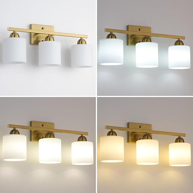 Stainless Steel Milk Glass Vanity Lights for Bathroom, 3 Light Gold Bathroom Light Fixtures Over Mirror, Ceramic E26 Sockets Wall Mounted