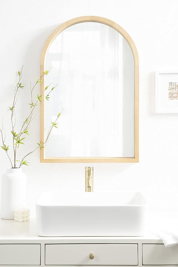 Kate and Laurel Hutton Farmhouse Wood Arched Mirror; 20 x 30; Natural Wood; Decorative Modern Large Arch Mirror with Deep Profile and Natural Finish for Wall
