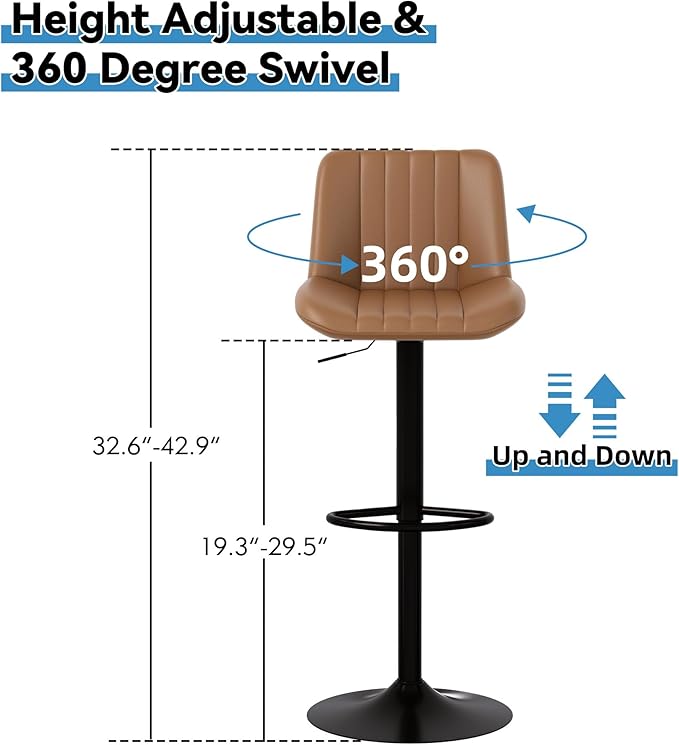 Shintenchi Swivel Bar Stools Set of 4, Adjustable Faux Leather Upholstered Swivel Counter Stools, Armless Bar Height Island Chairs with Back and Footrest, Brown