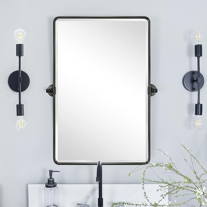 20x30'' Pivot Rectangle Bathroom Mirror Oil Rubbed Bronze Metal Framed Tilting Beveled Vanity Mirrors for Wall