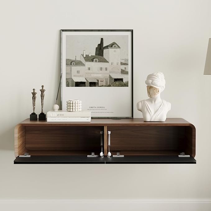 POVISON Fully-Assembled Minimalist Floating TV Stand, Modern Wall-Mounted Entertainment Center with 2 Flip-Down Cabinet Doors, Solid Wood Media Console, Walnut & Black, 47.24"