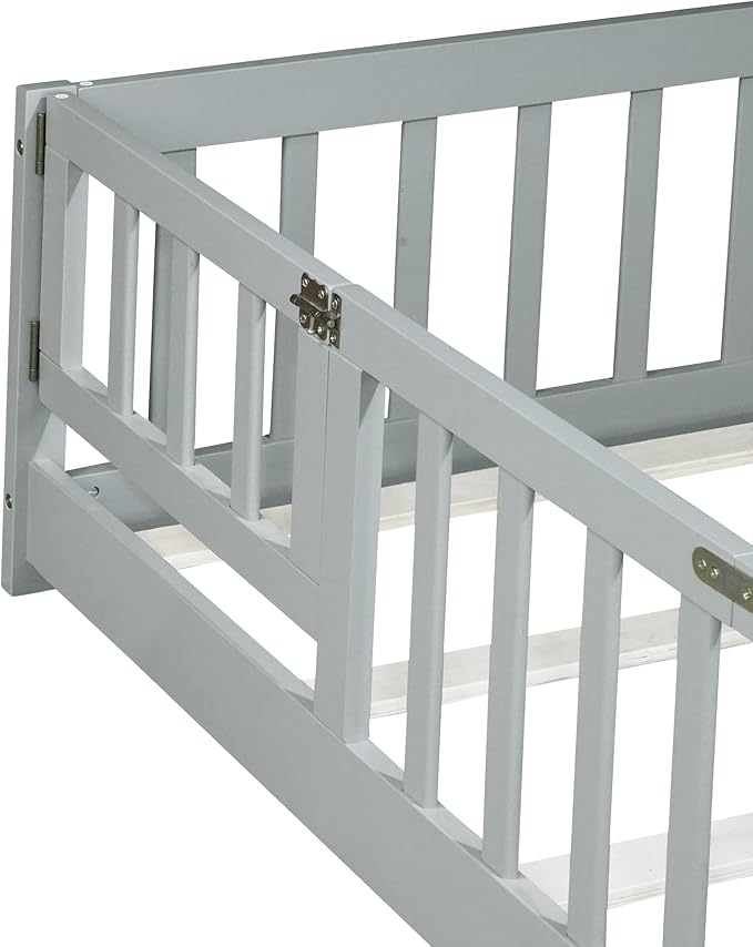 Bellemave Twin Floor Bed with Slats and Safety Guardrails, Kids Montessori Floor Beds with Fence and Door, Easy Assemble Floor Bed for Kids, Girls, Boys, Gray