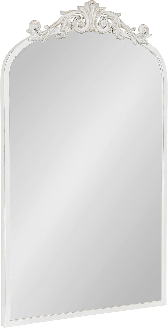 Kate and Laurel Arendahl Traditional Arch Wall Mirror; 19 x 31; Antique White; Vintage Glam Baroque-Inspired Arched Bathroom Vanity Mirror with Ornate Crown