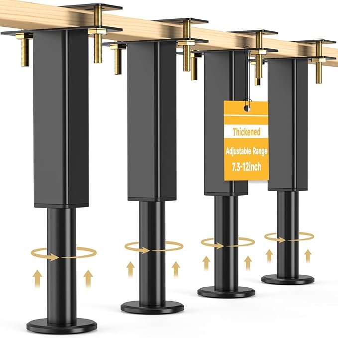 4PCS Adjustable Height Bed Support Legs, 7.3-12 In, Metal Heavy Furniture Legs with Rubber Non-Slip Base for Sofa/Cabinet/Couch/Dresser/Table, Furniture Feet Replacement for King Queen Bed Frame Slat