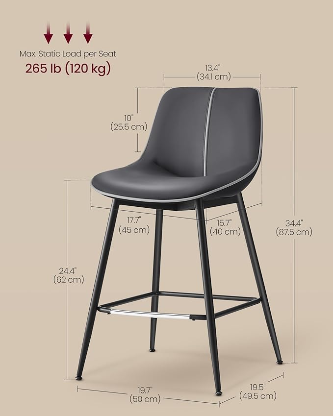 VASAGLE Bar Stools Set of 2, Counter Height Bar Stools with Back, Ergonomic Backrest, Synthetic Leather, Metal Legs, 24.4-Inch Tall Barstools for Kitchen Island Home Bar, Easy Assembly, Ink Black