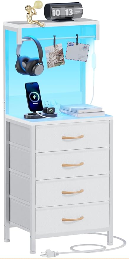 Furnulem Nightstand, White Tall Night Stand with Charging Station and LED Lights, Bedside Table for Bedroom, Office, Hallway, 4 Fabric Drawers, Metal Frame, Wood Shelves