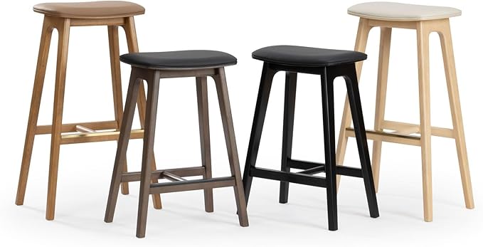 Plank+Beam Beryl Counter Height Stool - Mid-Century Modern Rubberwood Bar Stool with Faux Leather Seat, Metal Footrest, Easy Assembly, Pecan/Toffee