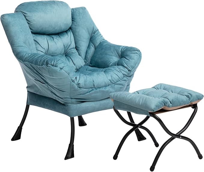 HollyHOME Fabric Lazy Chair with Foldable Ottoman, Accent Comfy Lounge Arm Chair and Folding Footrest Stool Set, Leisure Sofa Reading Chair and Footstool for Living Room, Bedroom, Dorm, Blue