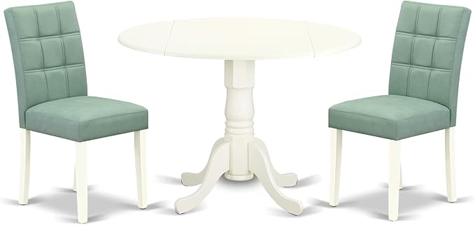 East West Furniture DLAS3-WHI-43 3 Piece Modern Dining Set contain A Wood Dining Table and 2 Willow Green Polyester Fabric Mid Century Chairs, Linen White