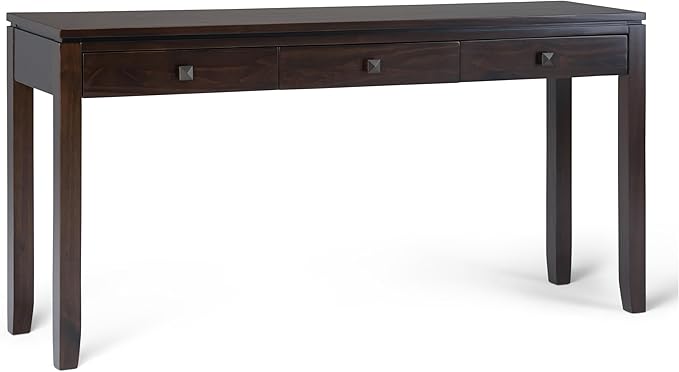 SIMPLIHOME Cosmopolitan Console Table - 60 Inch Wide Solid Wood Sofa Table in Mahogany Brown, Contemporary Storage Table for Entryway or Living Room with 3 Drawers, Square-Edged Top, and Tapered Legs