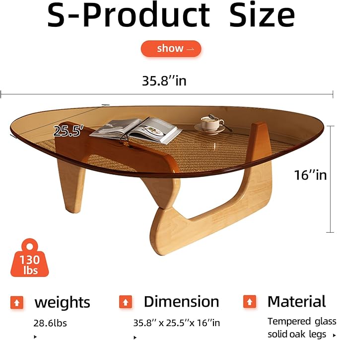 Modern Glass Coffee Table for Living Room Mid Century Small Coffee Table Stylish Coffee Tables, Suitable for Bedroom Living Room Reception Office Tables（Wood/Brown，Medium）