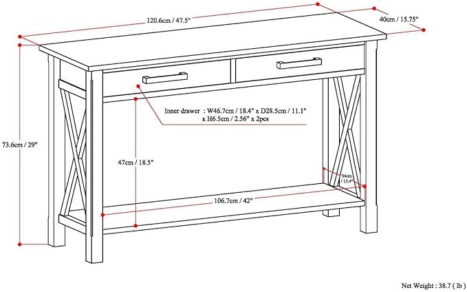 SIMPLIHOME Kitchener Console Table - 47 Inch Wide Solid Wood Sofa Table in Black, Contemporary Storage Table for Entryway or Living Room with 2 Drawers, Bottom Shelf, and X-Design Side Panels