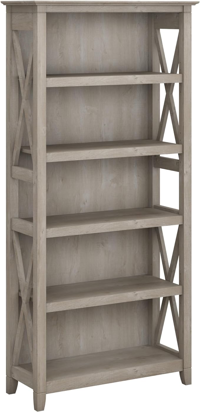 Bush Furniture Tall 5 Shelf Bookcase for Living Room or Home Office, Large Bookshelf, Modern Farmhouse Style, Key West Collection, Washed Gray