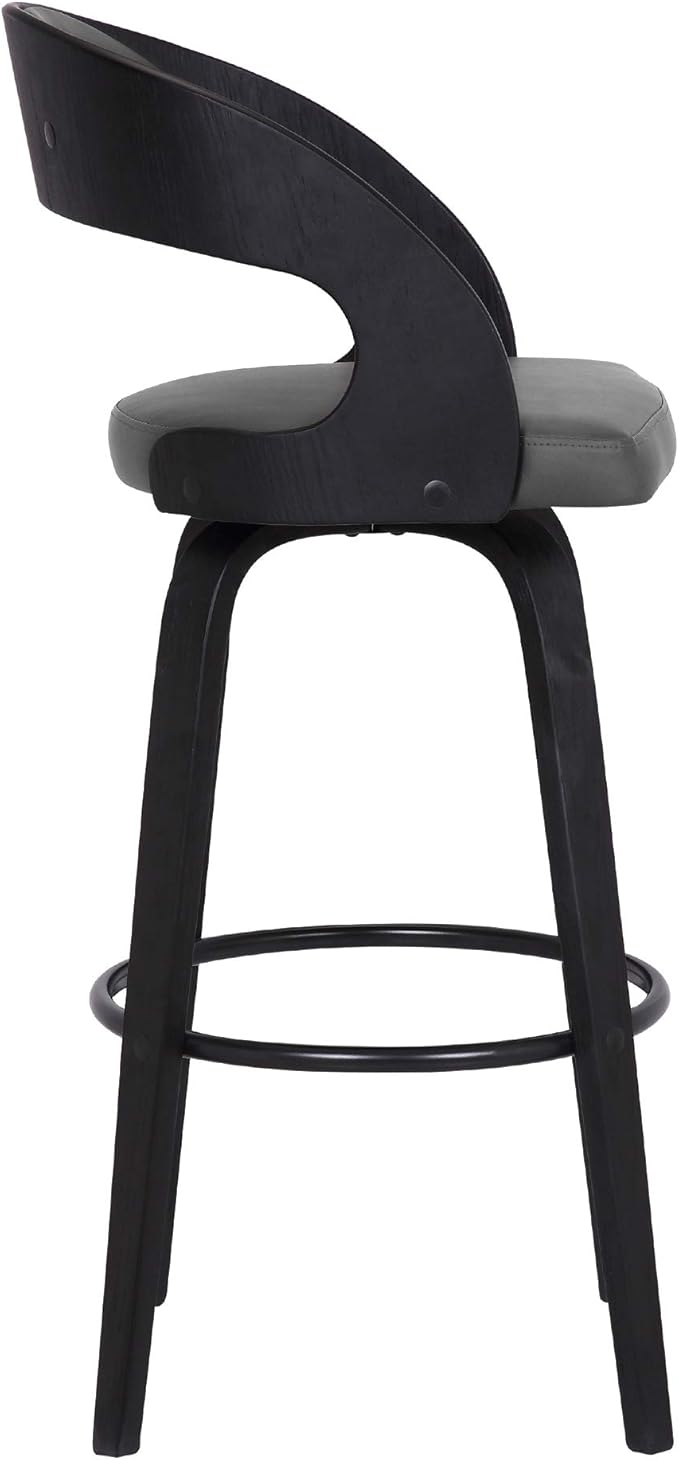 Armen Living Shelly 30" Bar Height Swivel Gray Faux Leather and Black Wood Bar Stool - Set of 3