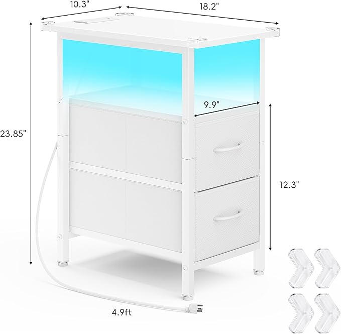 Vagusicc White Nightstand with Charging Station and LED Lights, Narrow Side Table, LED Night Stand with 2 Fabric Drawers, Bedside Table with USB Ports and Outlets, Tall Nightstand for Bedroom, White