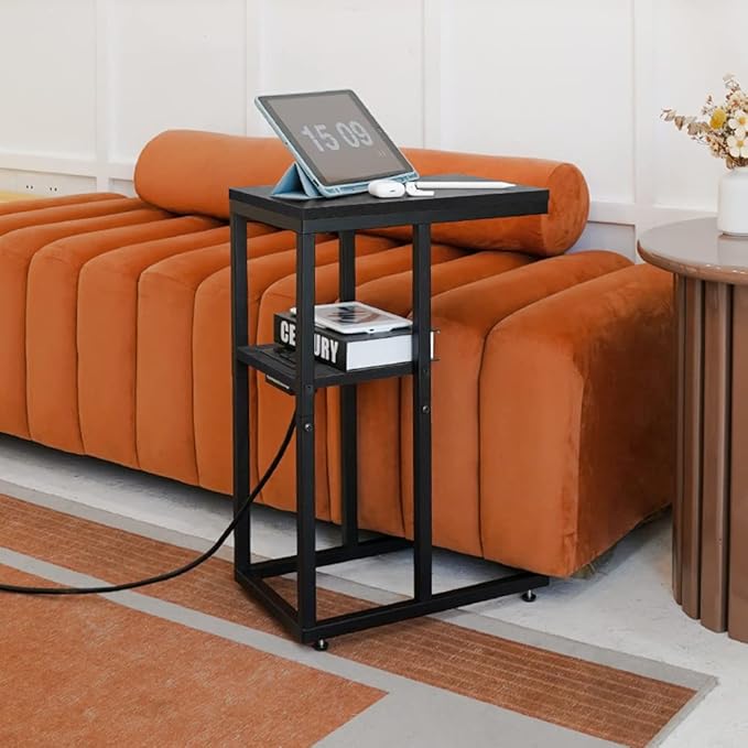 Yoobure C Shaped End Table with Charging Station for Living Room, Bedroom, Sofa Table with USB Ports and Outlets for Small Spaces, Couch Rustic Snack Bed Table