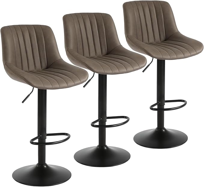 Bar Stools Set of 3, Swivel Counter Height Barstools with Back, Adjustable PU Leather Bar Chairs, Modern Armless Kitchen Island Stool, Brown