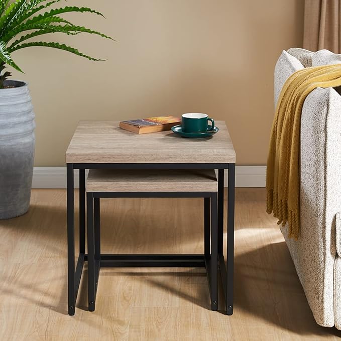 CENSI 20"x20" French Oak Nesting End Side Table, Accent Coffee Table, Square Shape, Grey Wood Finish, Blakc Metal Frame, Space-Saving, Modern Industrial Style