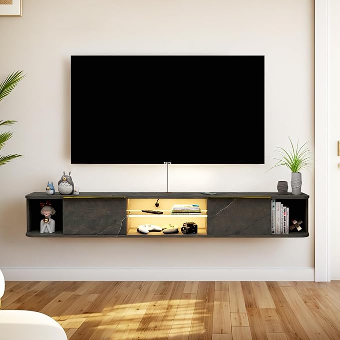 Pmnianhua LED Floating TV Stand with 2 Drawers for 80 inch TV,78'' Floating TV Shelf with LED Lights,Wall Mounted TV Console,Floating Shelf for Under TV (Dark Grey)