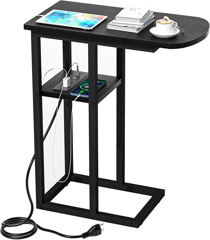 C Table End Table with Charging Station, Couch C Shaped Side Table for Living Room, Bedroom, Laptop Table with USB Ports and Type-C Port, Snack Tray Table for Couch, Black
