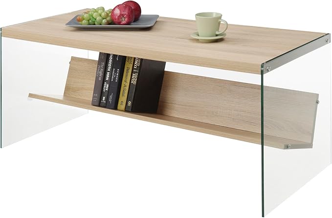 Convenience Concepts SoHo Glass Coffee Table 40" - Modern Living Room Table with Storage Shelf, Contemporary Coffee Table for Family Room, Weathered White