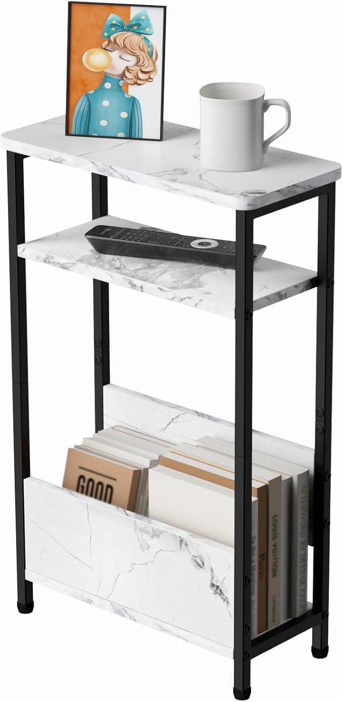 7.1" Narrow Side Table for Small Spaces, 3 Tier Small End Table with Magazine Holder, Slim/Skinny Nightstand/Bedside Table for Living Room, Bedroom, 15.4" L x 24.2" H, Faux White Marble