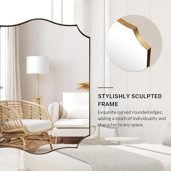 ANDY STAR Gold Mirrors, 24x32 Inch Bathroom Vanity Mirror, Antique Brass Asymmetrical Mirror, Unique Rectangle Mirror with Sophisticated Curved Design, Ideal for Home Decor
