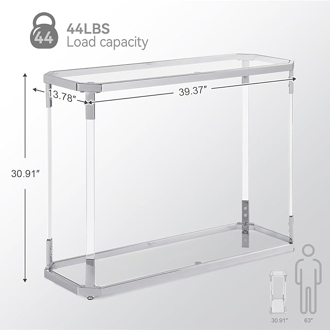 Glass Coffee Table, Clear Coffee Table with 2 Tiers, Acrylic Leg, Chrome Frame, Rectangular Center Table for Living Room (AST2017)